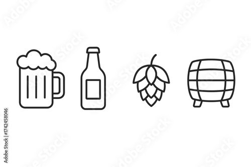 Beer icons: mug, bottle, hops, barrel - brewing essentials outline vector set