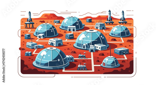 Futuristic martian colony with geodesic domes and transport vehicles for space exploration