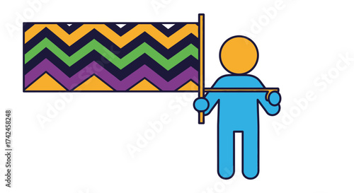 Stylized figure holding celebratory flag in purple, green and gold shades, parade vibes