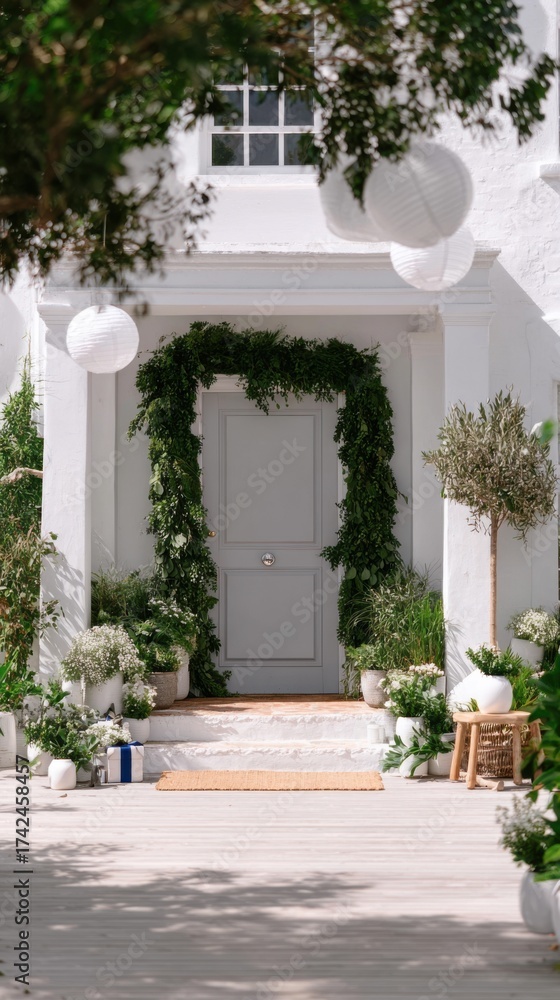 Fototapeta premium Bright and festive doorway adorned with a colorful birthday garland enhances the inviting atmosphere of the outdoor area, surrounded by lush plants and lights