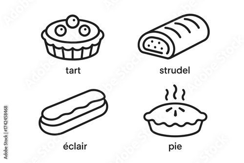 Black and white outline of tart, strudel, éclair, and pie