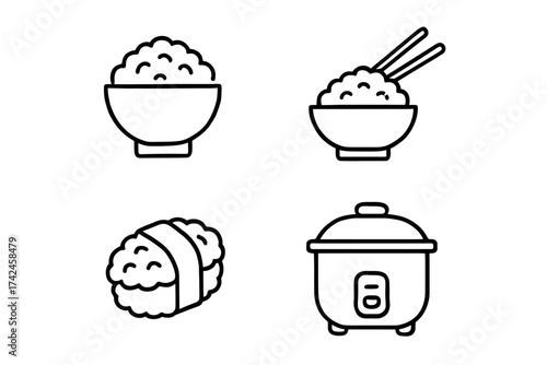 Minimalist rice icons: bowl, sushi, chopsticks, cooker line art