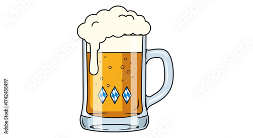 Illustrative beer mug with frothy head, adorned with diamond accents, on a white background