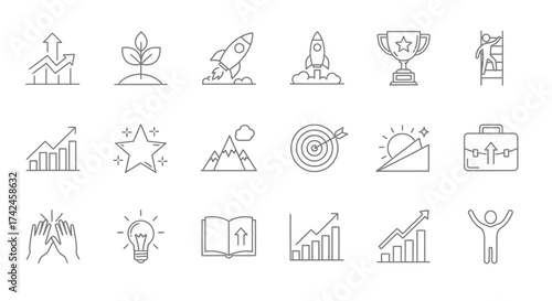 Outlined icons symbolizing success innovation and growth journey to the top