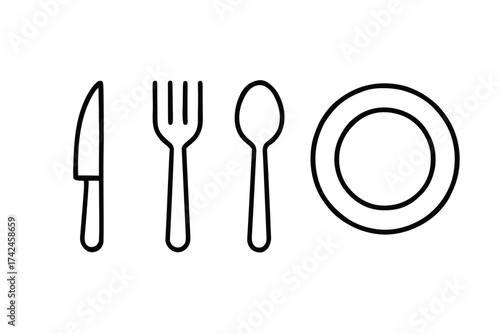 Minimalist line drawing of cutlery and plate - knife, fork, spoon, dish