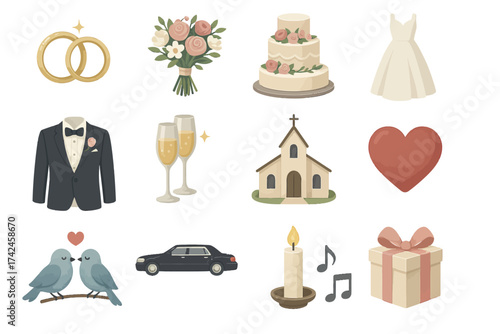 Wedding symbols collection with floral bouquets, rings, cake, and doves