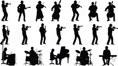 Silhouette musicians performing on stage, jazz band illustration, orchestra players art, live music concert, musical creativity, rhythm harmony, artistic performance background