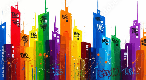 Vibrant cityscape illustration, artistic depiction of colorful buildings with graffiti overlay,