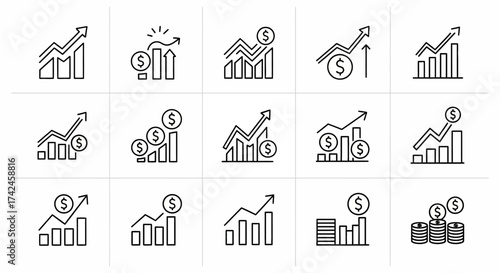 Financial growth and investment strategy icons set featuring upward trends and rising capital value