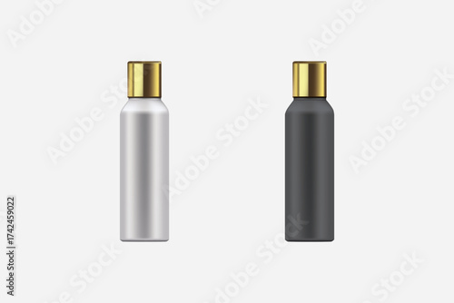 Realistic lotion bottle mockup set with metallic caps. Ideal for skincare, shampoo, or cosmetic branding presentation.