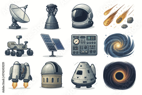 Space exploration icons: satellite dish, astronaut helmet, rocket, black hole, solar panel, meteor shower