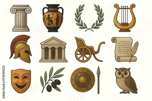 Ancient greek symbols collection: pottery, architecture, helmet, laurel, lyre