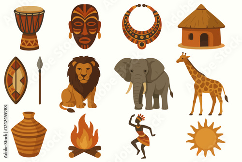 African culture elements: traditional symbols, animals, and artifacts
