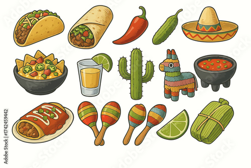Colorful mexican elements: tacos, maracas, cactus, sombrero, piñata, and more