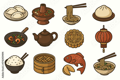 Traditional asian cuisine icons set featuring dumplings, noodles, teapot, lantern, and more
