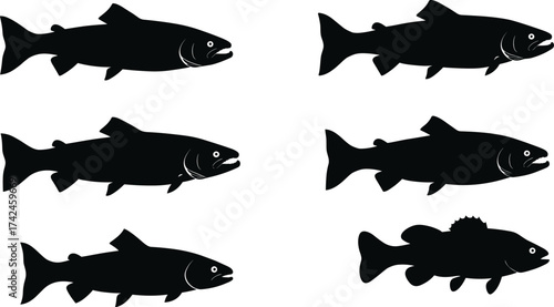 Black fish silhouettes collection, aquatic animal vector set, marine wildlife illustration, underwater species icons, fishing design, ocean nature graphic