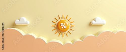 Sun with percentage sign surrounded by clouds on pastel background  