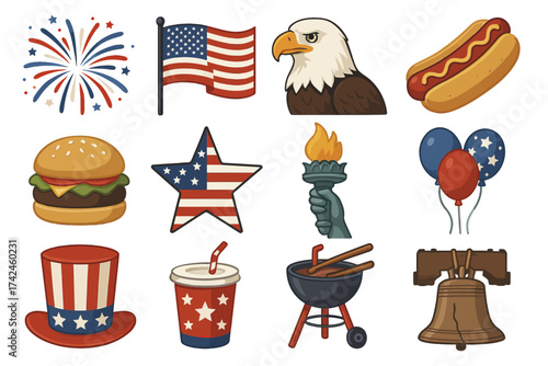 American patriotic symbols: flag, bald eagle, statue of liberty, fireworks, hotdog