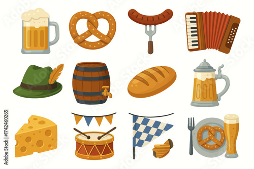 Traditional german festive icons: beer, pretzel, sausage, accordion, and more