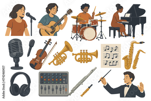Diverse musicians and instruments ensemble illustration with performance elements