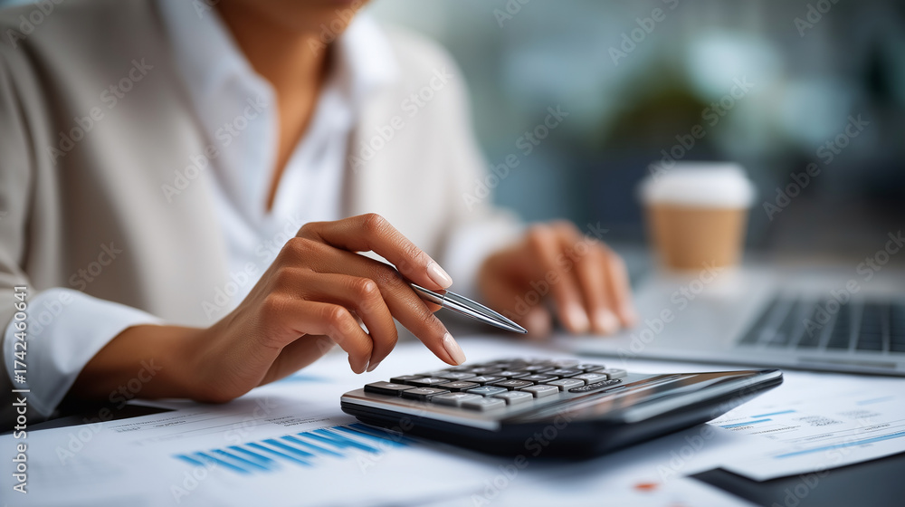 Fototapeta premium Accounting and bookkeeping: Professional using calculator with pen while analyzing office documents bookkeeping services payroll processing budget management tax preparation