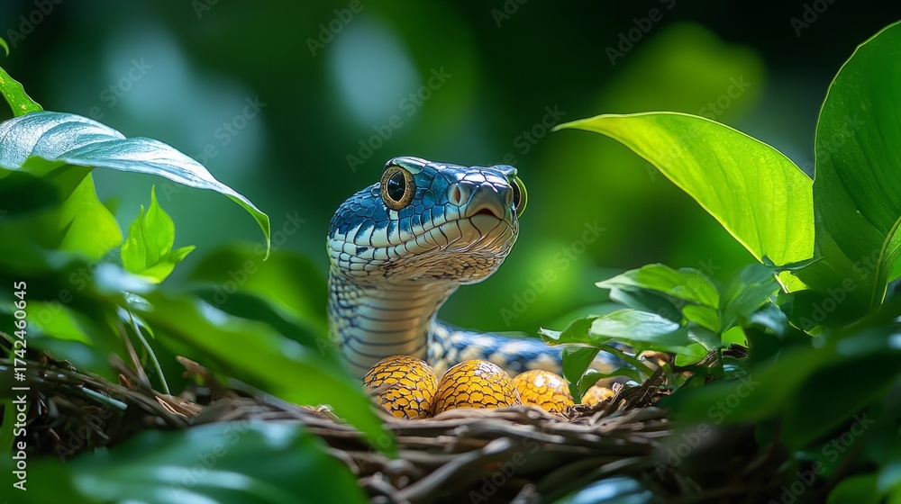 Fototapeta premium An emerald snake watches over its bright eggs nestled in a lush green nest