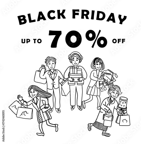 black friday sale shopping adorable cartoon illustration of many people in flat vector design style holding bags for holiday promotion