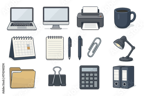 Office supplies collection featuring electronics, stationery, and desk accessories