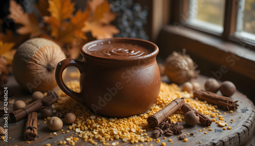 Rustic clay mug overflowing with velvety chocolate beside cornmeal and aromatic spices