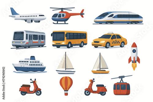 Assorted modes of transport: airplane, helicopter, train, bus, taxi, rocket, ship, boat, scooter, balloon, gondola