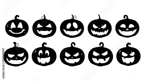 Halloween pumpkin face icon set. Collection of scary and funny jack-o'-lantern silhouettes. Black vector pumpkins with different expressions for Halloween decoration, party design, and spooky graphics