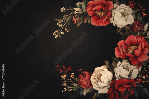 Elegant floral wreath illustration with blooming red and cream peonies, green foliage, and small berries creating a decorative frame