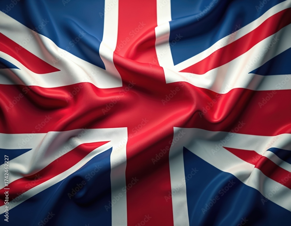 Fototapeta premium Close up shot of the Union Jack flag rippling. The United Kingdom flag shows red white and blue colors in detailed fabric texture. National symbol motion background.