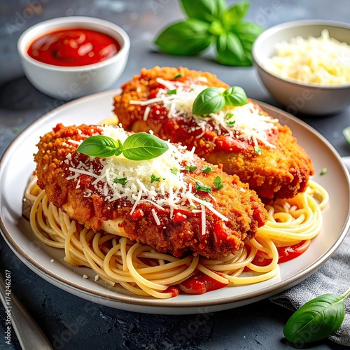 Delicious Chicken Parmesan with Spaghetti and Marinara Sauce Garnished with Basil.