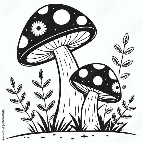A black and white illustration  mushrooms in a whimsical