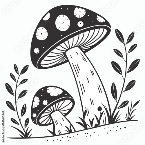 A black and white illustration  mushrooms in a whimsical