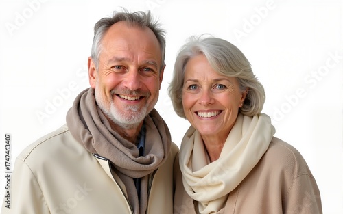 A smiling middle-aged couple, a man and a woman dressed in light-colored with scarves around their necks, isolated on a transparent PNG background. High quality