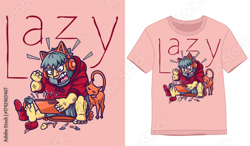 Tshirt Designs. Fat gamer busy playing games on ipad with his cat