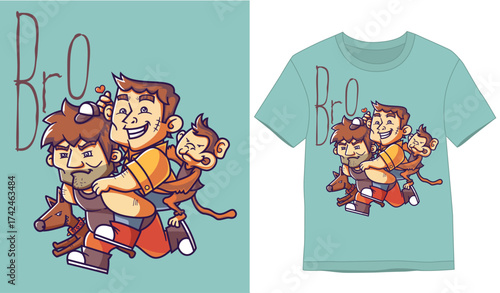 Tshirt Designs. the strong brother run carrying his little brother and the monkey, and the dog run