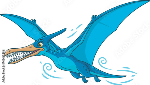 Cartoon pterodactyl with blue wings and a long beak flies through the air.