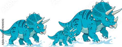Cartoon illustration of a family of blue triceratops dinosaurs walking through water.