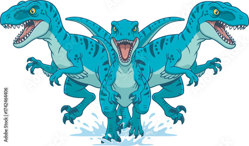 Three blue velociraptors run forward, positioned in a symmetrical arrangement with water splashing around their feet.