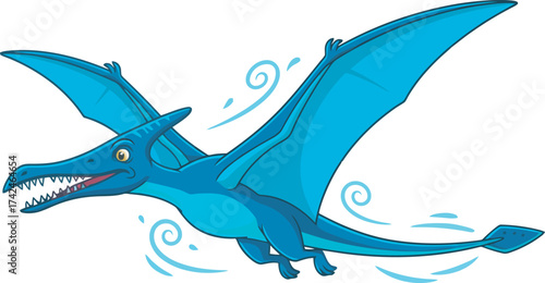 A cartoon illustration of a vibrant blue pterodactyl soaring through the air with open wings.