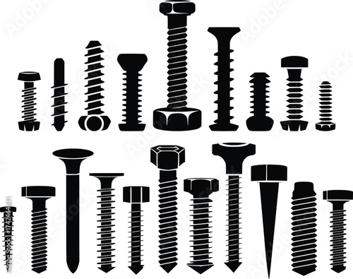 Different Types of Screws and Bolts Silhouette Illustration.