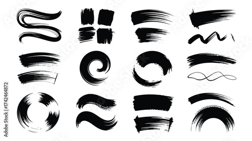 Collection of 16 dynamic black brush stroke vector illustrations scalable eps graphics for design silhouette vector illustration white background