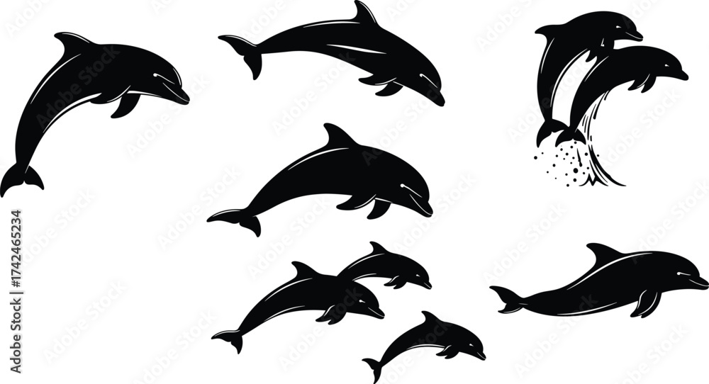 Fototapeta premium Black dolphin silhouette illustrations, marine animal vector design, ocean wildlife jumping, swimming group artwork, sea life graphic art, aquatic mammal drawing