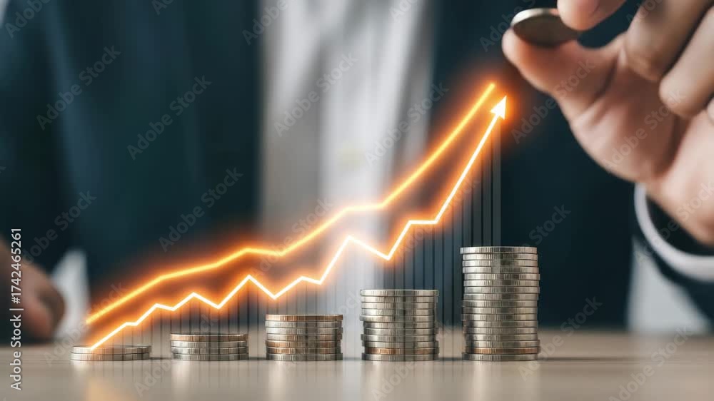Financial growth chart with rising coins and upward trend