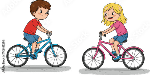 Children riding bicycles, outdoor activity, pink bike girl, blue bike boy, smiling kids, cartoon style, exercise fun, playful scene, motion
