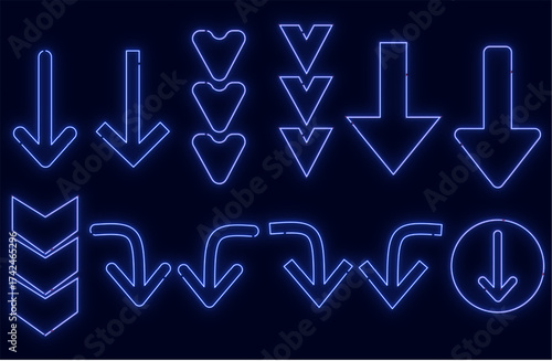 ネオン矢印マークセット　下矢印　ブルー　Neon Arrow Mark Set: Down Arrow, Blue