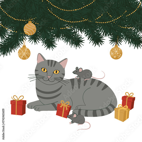 A gray cat resting with two mice and Christmas presents under a Christmas tree, friendship theme, for holiday cards and New Year's decorations